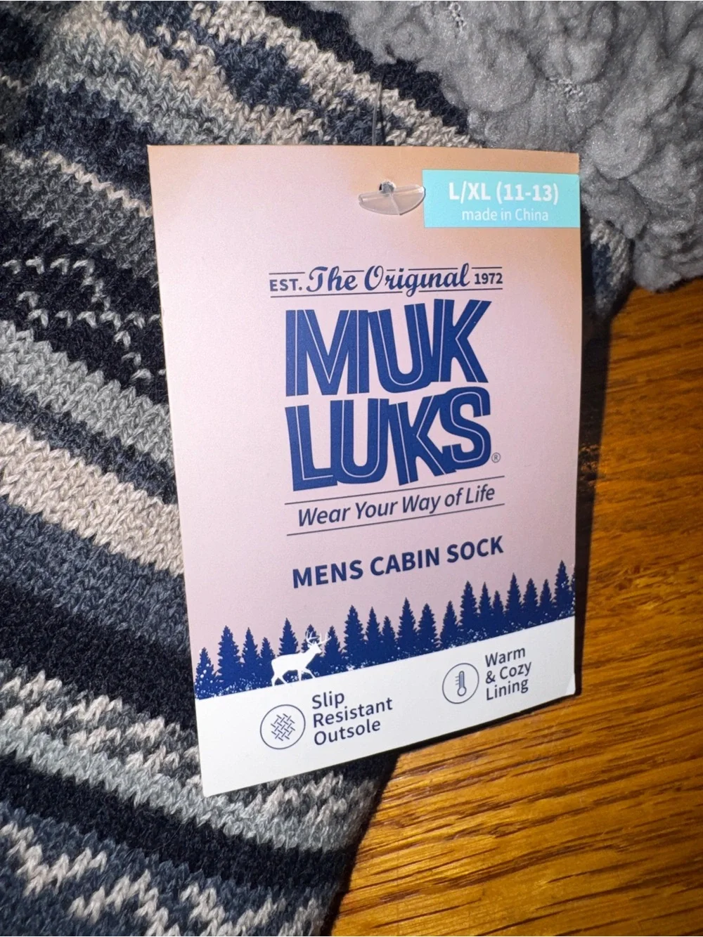 Muk Luks Men's Cabin Socks - Navy and Gray Patterned Sherpa Lined